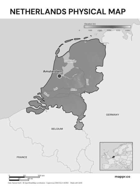 Map featuring Amsterdam, the capital of Netherlands, with rich topographical detail (black and white).