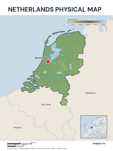 Map featuring Amsterdam, the capital of Netherlands, with rich topographical detail.