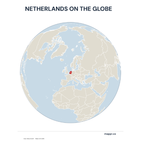 A map highlighting Netherlands's location on a globe, marked with a red outline.