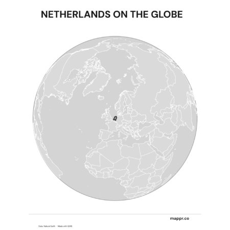 A map highlighting Netherlands's location on a globe, marked with a red outline (black and white).