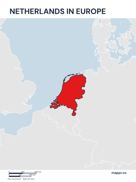 A map highlighting Netherlands's location on the european continent.