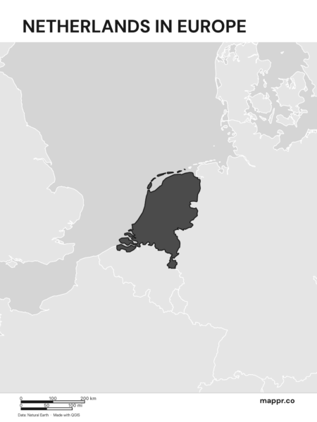 A map highlighting Netherlands's location on the european continent (black and white).