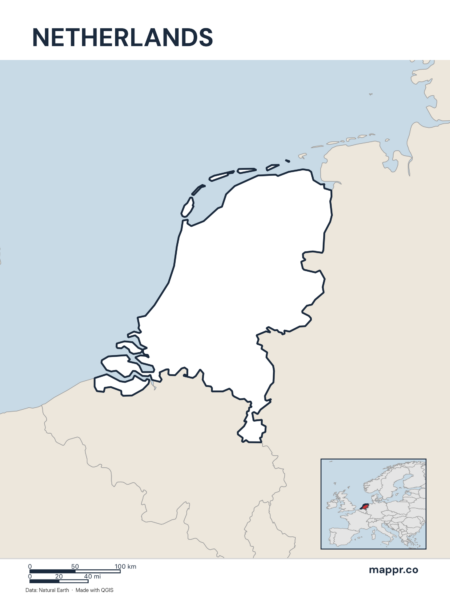 Outline map of Netherlands with detailed country borders.