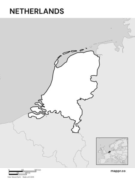 Outline map of Netherlands with detailed country borders (black and white).