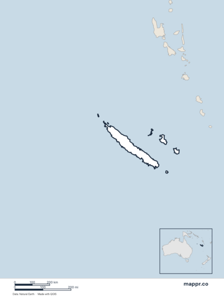 Blank political map of New Caledonia showing its international borders without labels.