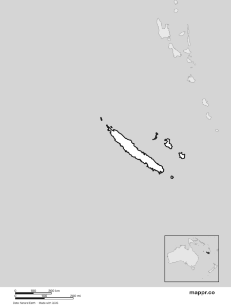 Blank political map of New Caledonia showing its international borders without labels (black and white).