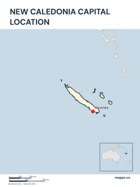 Detailed map pinpointing Nouméa, the capital of New Caledonia.