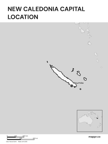 Detailed map pinpointing Nouméa, the capital of New Caledonia (black and white).