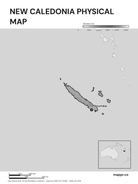 Map featuring Nouméa, the capital of New Caledonia, with rich topographical detail (black and white).