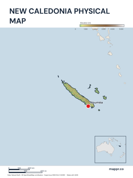 Map featuring Nouméa, the capital of New Caledonia, with rich topographical detail.