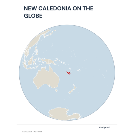 A map highlighting New Caledonia's location on a globe, marked with a red outline.