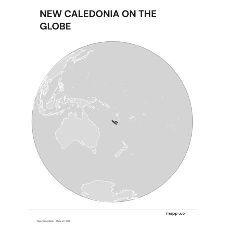 A map highlighting New Caledonia's location on a globe, marked with a red outline (black and white).