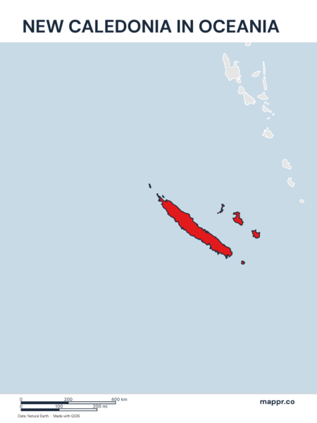 A map highlighting New Caledonia's location on the oceanian continent.