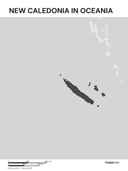 A map highlighting New Caledonia's location on the oceanian continent (black and white).
