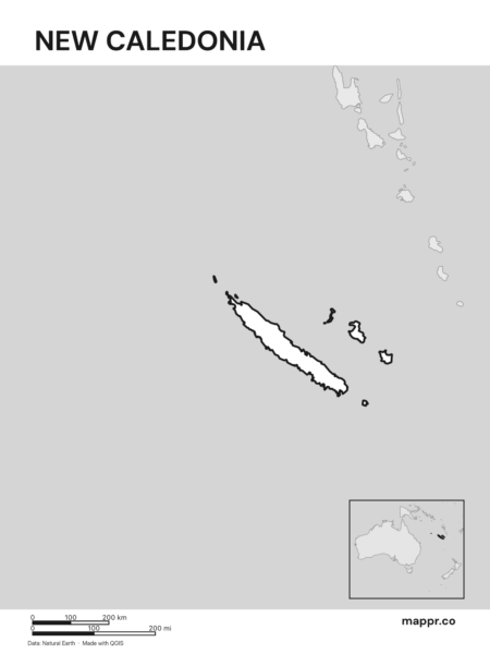 Outline map of New Caledonia with detailed country borders (black and white).
