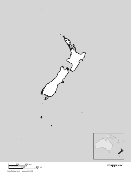 Blank political map of New Zealand showing its international borders without labels (black and white).