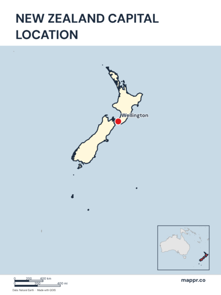 Detailed map pinpointing Wellington, the capital of New Zealand.
