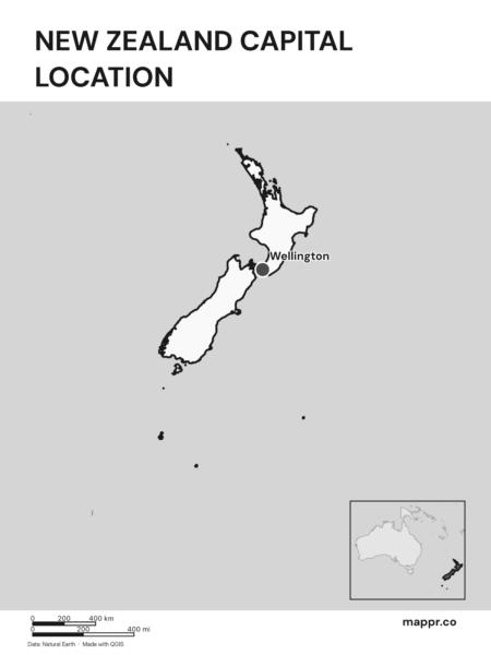 Detailed map pinpointing Wellington, the capital of New Zealand (black and white).