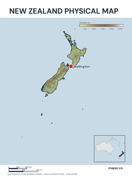 Map featuring Wellington, the capital of New Zealand, with rich topographical detail.