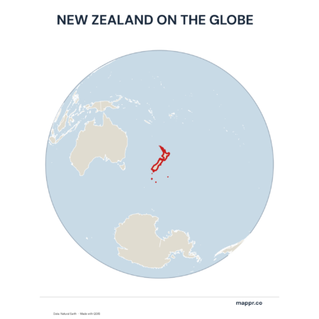 A map highlighting New Zealand's location on a globe, marked with a red outline.