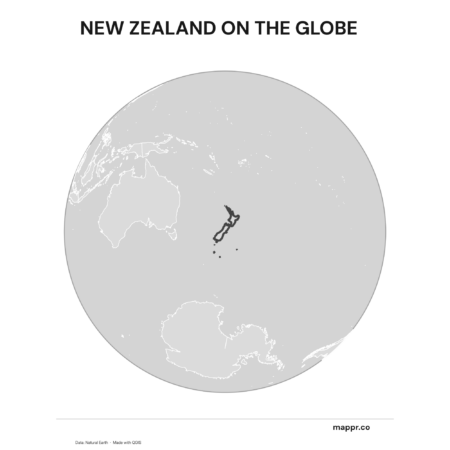A map highlighting New Zealand's location on a globe, marked with a red outline (black and white).