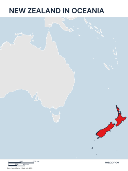 A map highlighting New Zealand's location on the oceanian continent.