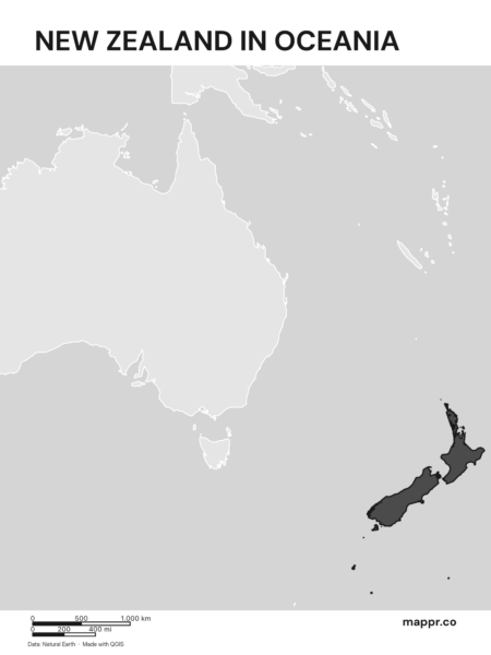 A map highlighting New Zealand's location on the oceanian continent (black and white).