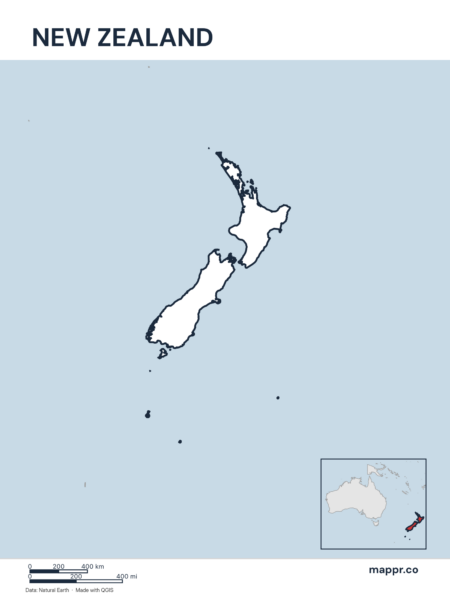 Outline map of New Zealand with detailed country borders.