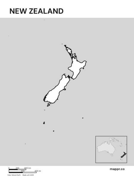 Outline map of New Zealand with detailed country borders (black and white).