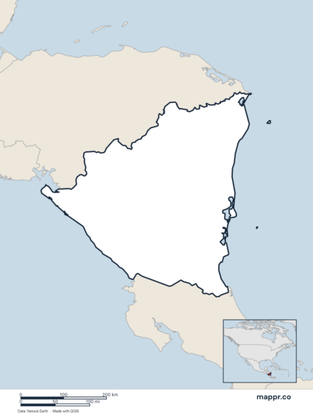 Blank political map of Nicaragua showing its international borders without labels.