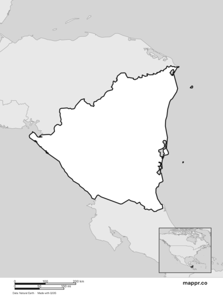 Blank political map of Nicaragua showing its international borders without labels (black and white).