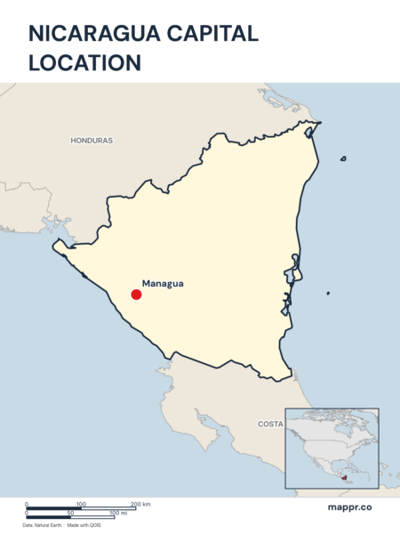 Detailed map pinpointing Managua, the capital of Nicaragua.