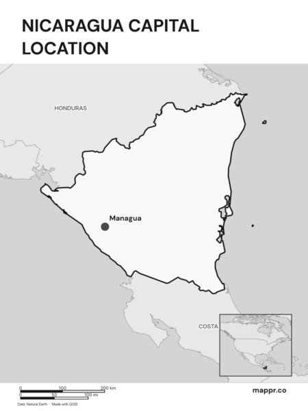 Detailed map pinpointing Managua, the capital of Nicaragua (black and white).