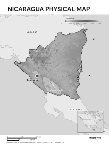 Map featuring Managua, the capital of Nicaragua, with rich topographical detail (black and white).