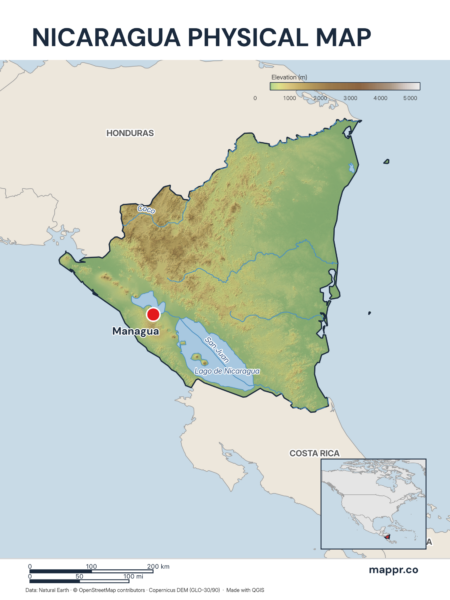 Map featuring Managua, the capital of Nicaragua, with rich topographical detail.