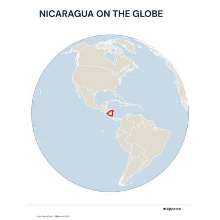 A map highlighting Nicaragua's location on a globe, marked with a red outline.