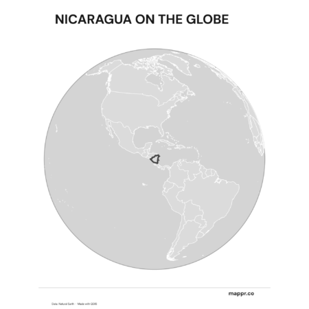 A map highlighting Nicaragua's location on a globe, marked with a red outline (black and white).