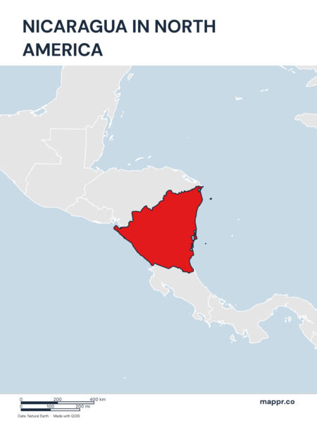 A map highlighting Nicaragua's location on the north american continent.
