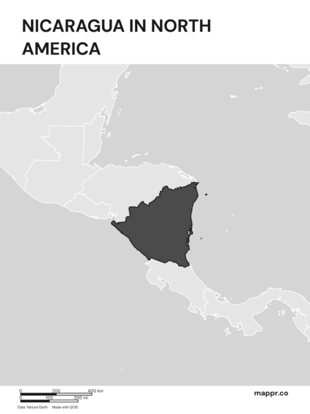 A map highlighting Nicaragua's location on the north american continent (black and white).
