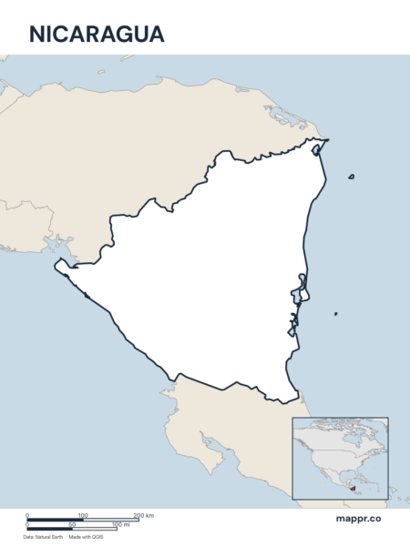 Outline map of Nicaragua with detailed country borders.