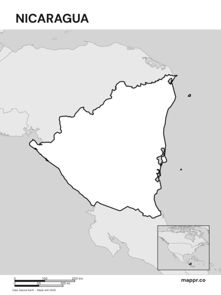 Outline map of Nicaragua with detailed country borders (black and white).