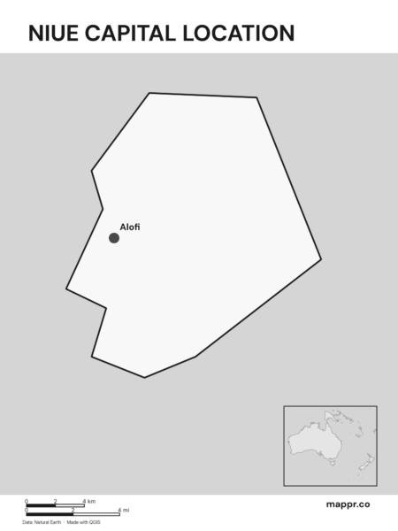 Detailed map pinpointing Alofi, the capital of Niue (black and white).