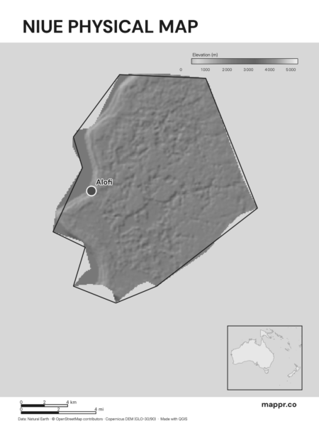Map featuring Alofi, the capital of Niue, with rich topographical detail (black and white).