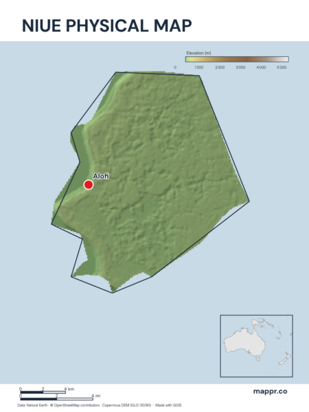 Map featuring Alofi, the capital of Niue, with rich topographical detail.