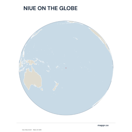 A map highlighting Niue's location on a globe, marked with a red outline.