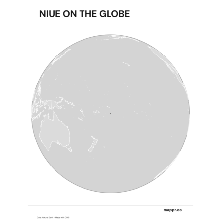 A map highlighting Niue's location on a globe, marked with a red outline (black and white).