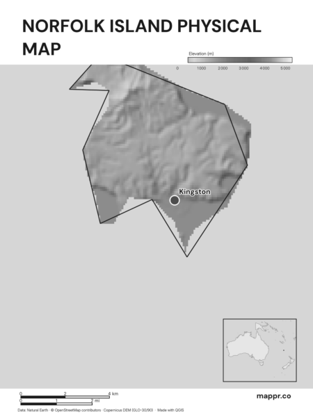 Map featuring Kingston, the capital of Norfolk Island, with rich topographical detail (black and white).