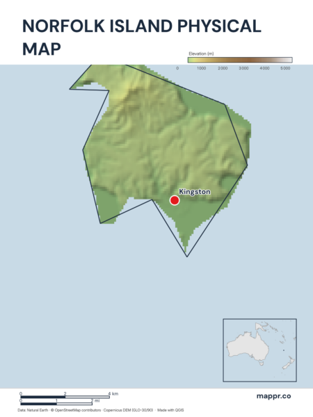 Map featuring Kingston, the capital of Norfolk Island, with rich topographical detail.