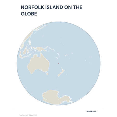 A map highlighting Norfolk Island's location on a globe, marked with a red outline.