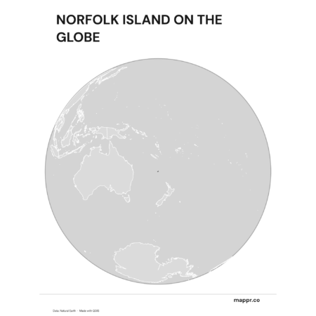 A map highlighting Norfolk Island's location on a globe, marked with a red outline (black and white).